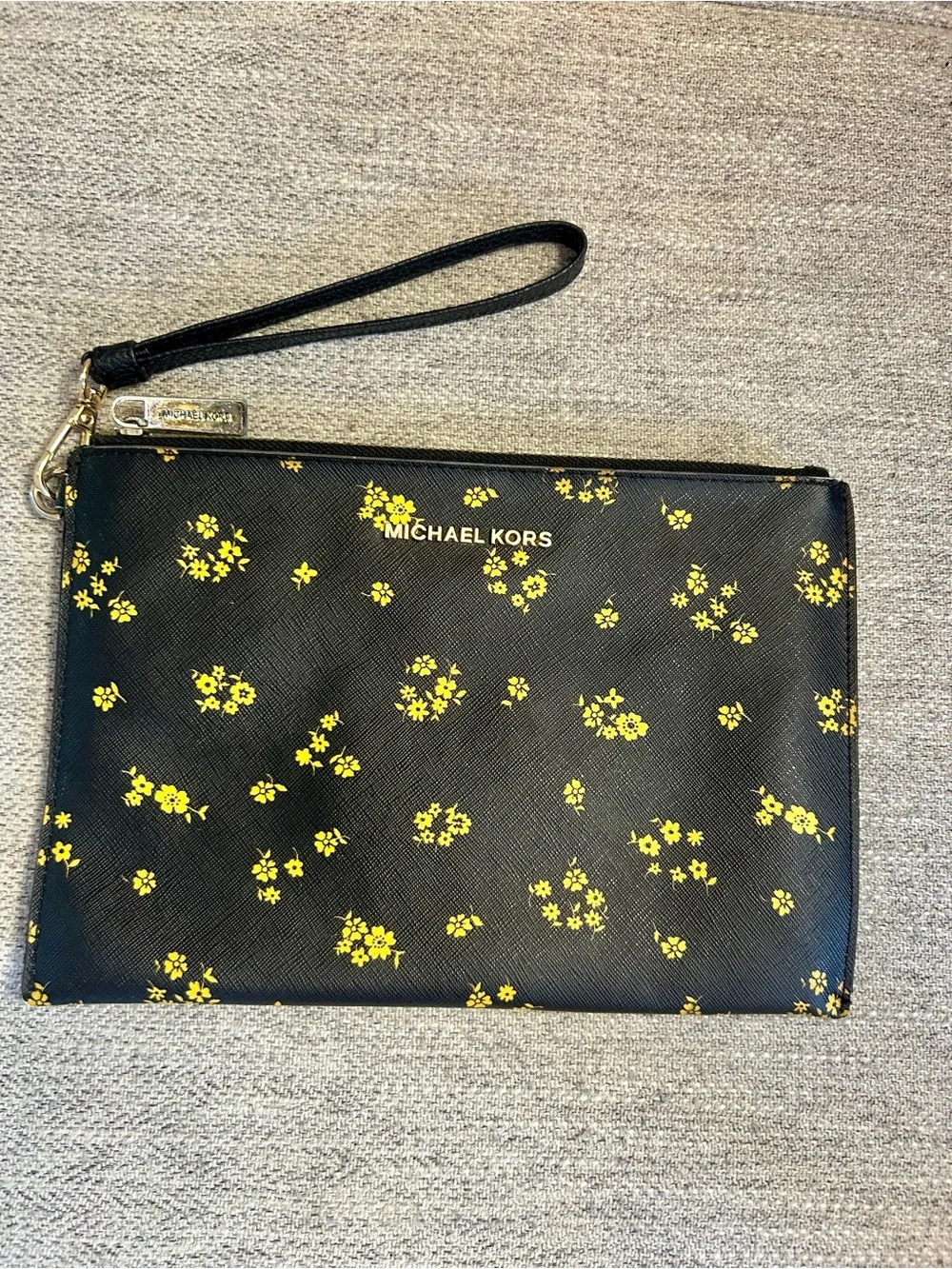 Michael Kors Jet Set Travel Black Wristlet Pouch with Yellow Floral Accents
